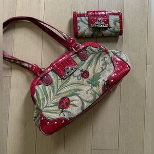 ***sold***Marc Chantal Red Trim Ladybug Print Shoulder Bag with Matching Wallet